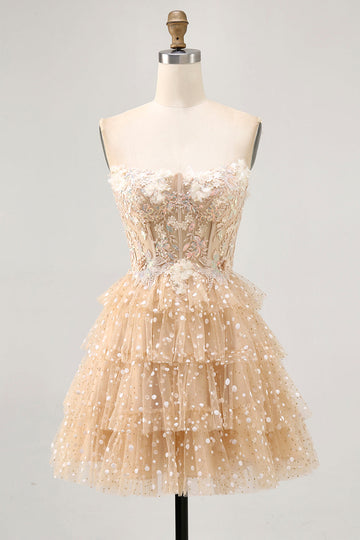 Champagne A Line Strapless Tiered Appliqued Cocktail Dress
